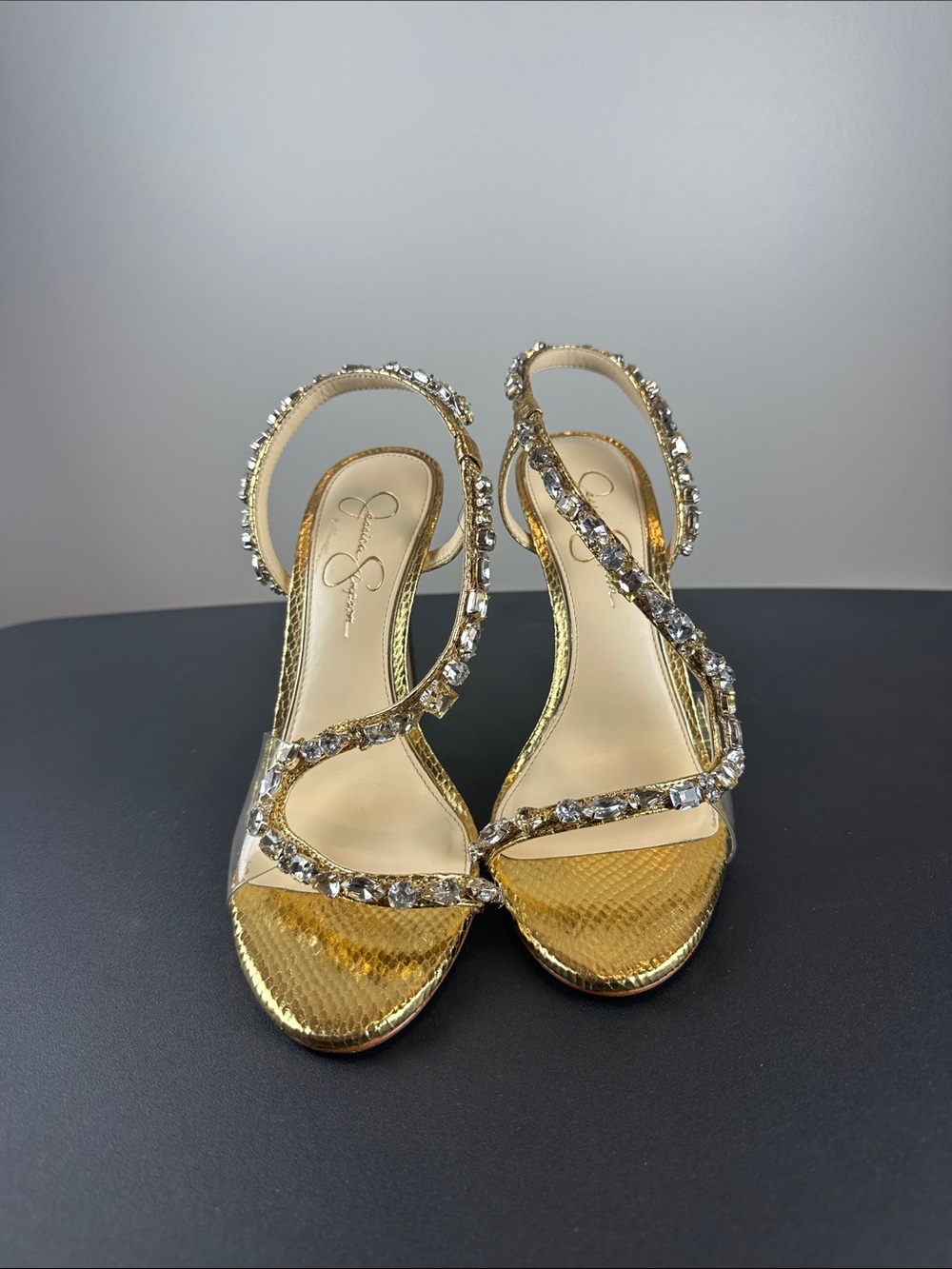 Jessica Simpson Gold Crystal-Strap High Heel Sandals